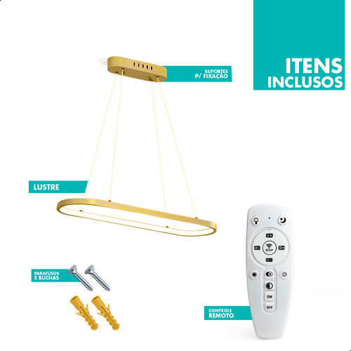Pendente Led Oval Dourado Quarto Cozinha Mesa Controle 3 Tons Dimmer Moderno Forro Gesso Bancada Casa Attract 4x4sc