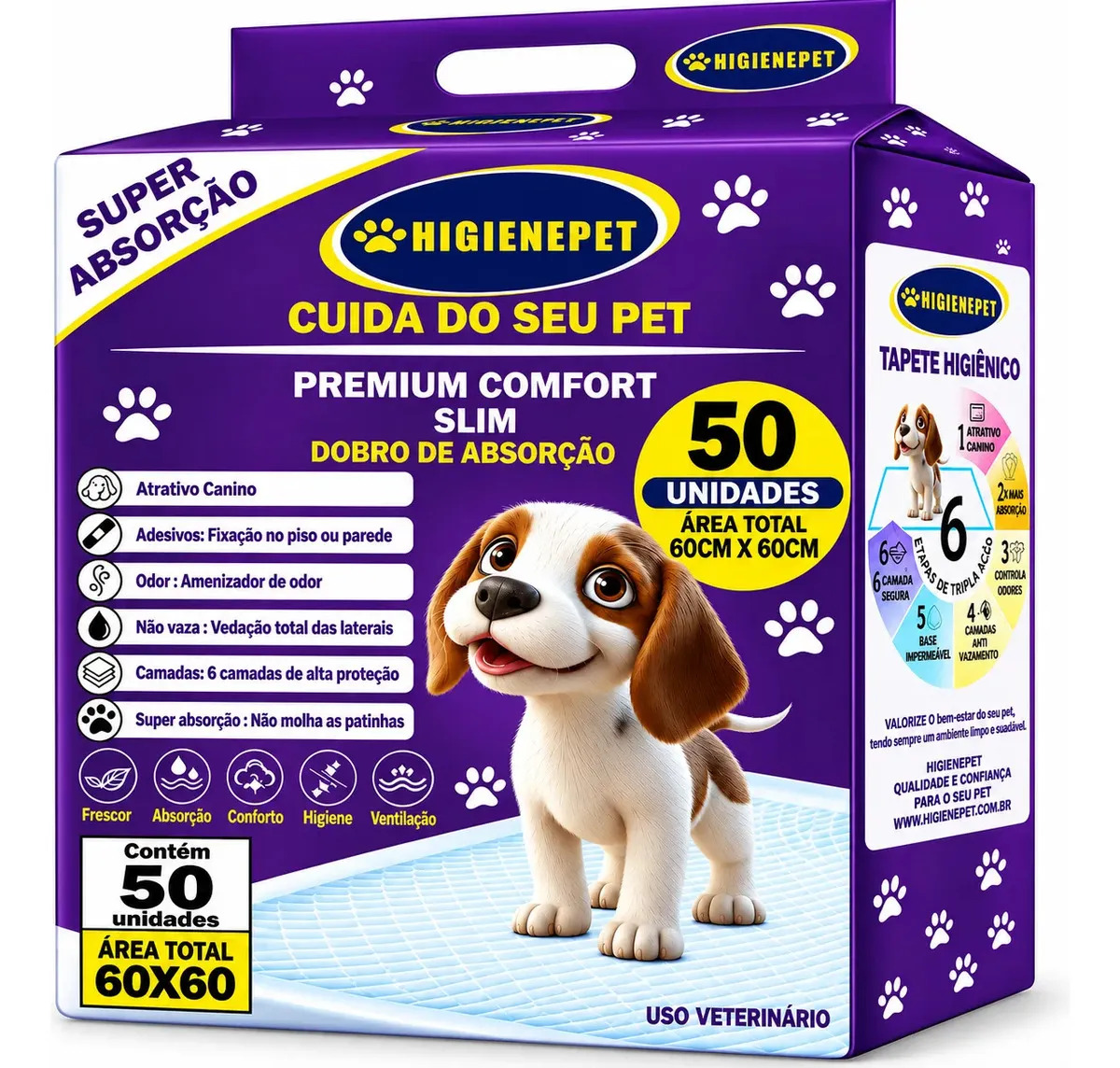 Tapete Higiênico P/Cães 60x60cm 50 Unidades Premium Higienepet