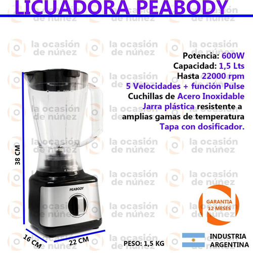 Imagen 2 de 7 de Licuadora Electrica De Mesa Peabody 600w 1,5 Lt