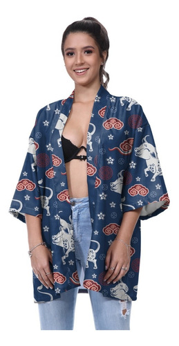 Kimono Haori Floral Sakura Japão Ondas Carpa Koi Ano Chines