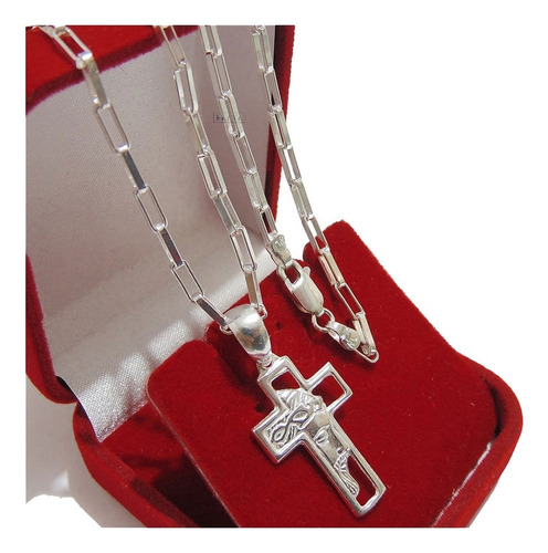Corrente Cadeado Prata Pingente Crucifixo Face Cristo 70cm