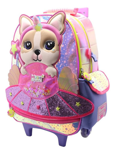 Mochila Escolar Simones Mushi Stars Con Carro Color Rosa Diseño De La Tela Lisa