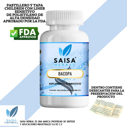 Bacopa Premium 450 mg 120 Cáps Saisa Herbal | Suplemento Alimenticio | Memoria, Concentración y Función Cognitiva