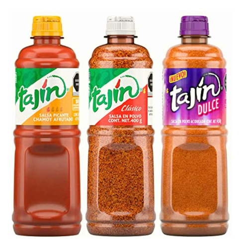 Tajín Kit: Polvo Clásico 400g + Tajín Dulce 450g + Salsa