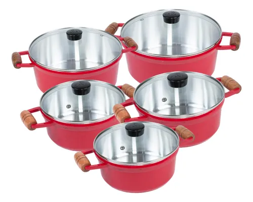 comprar Jogo De Panela Aluminio Batido Fundido Grossa 5 Peças- Cava Cor Vermelha Tampa Vidro