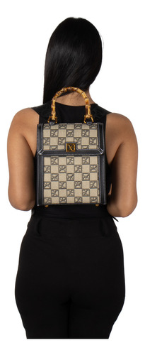 Bolsa Mochila Cloe Para Mujer Textil Maneral Look Bambú Color Negro