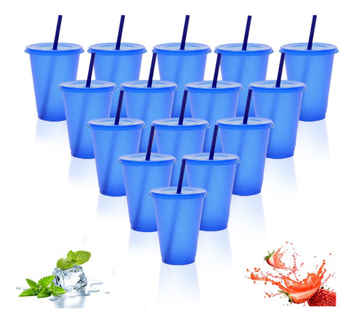 15vasos Mágicos Reutilizables Plástico 16oz C/tapa Y Popote Azul Marino