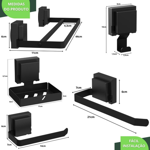 Kit Acessórios Para Banheiro 5pçs Duplo Ventosa Preto Sf.max