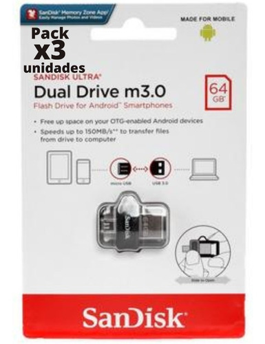 Pack X3 Pendrive 64 Gb Dual Para Celular Otg Y Usb Sandisk