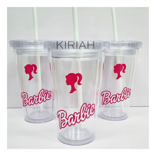 Vaso Barbie Girl Cine Acrílico Con Tapa Sorbete 500ml Rosa