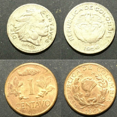 4 Monedas 10 Cent 1956,59 / 1 Peso 1943,65 