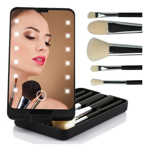 Espejo De Maquillaje Plegable Con Luz Led, Brochas Cosmética