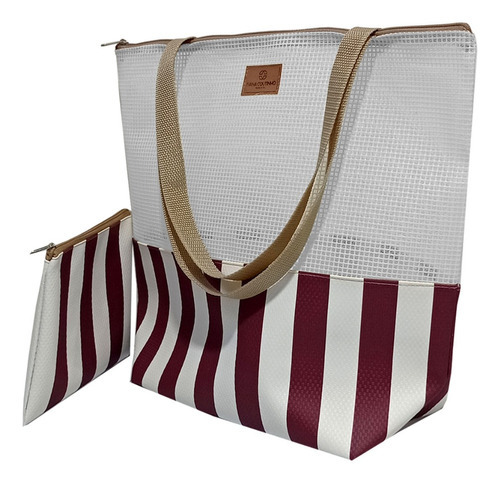 Bolsa Feminina Grande P/ Praia Academia Viagem Listrada Cor Vinho/Palha