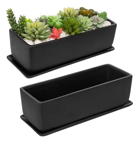 Maceta Rectangular Moderna De Cerámica Negra De 14 Pulgadas