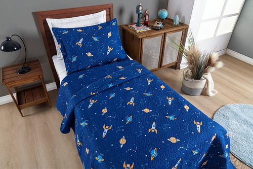 Kit Colcha Cobre Leito Infantil 2 Peças Cor Colcha Galaxia Estampado