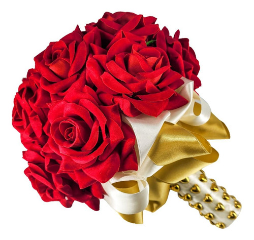 Buquê De Noiva Rosas Vermelhas Cetim Dourado, Creme Corações