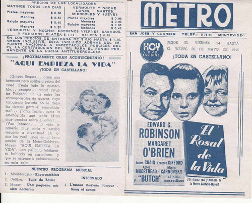 1946 Programa Del Cine Metro Our Vines Have Tender Grapes