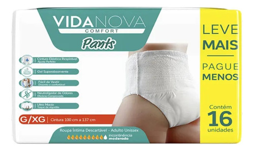 Fralda Roupa Intima Vida Nova Pants Comfort 16 Unidades Tamanho G/xg