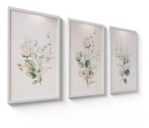 Kit 3 Quadros Decorativos Sala, Quarto, Escritório Decoração Flores, e