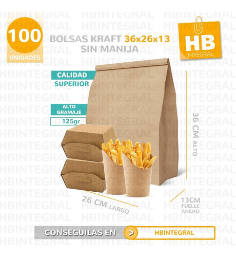 Imagen 2 de 9 de Bolsa Delivery Papel Kraf 26x36x13 Cm. Sin Manija X 100 U