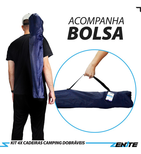 Kit 4 Cadeiras Praia Camping Dobrável Braço C/ Porta Copos + Bolsa Azul Zenite