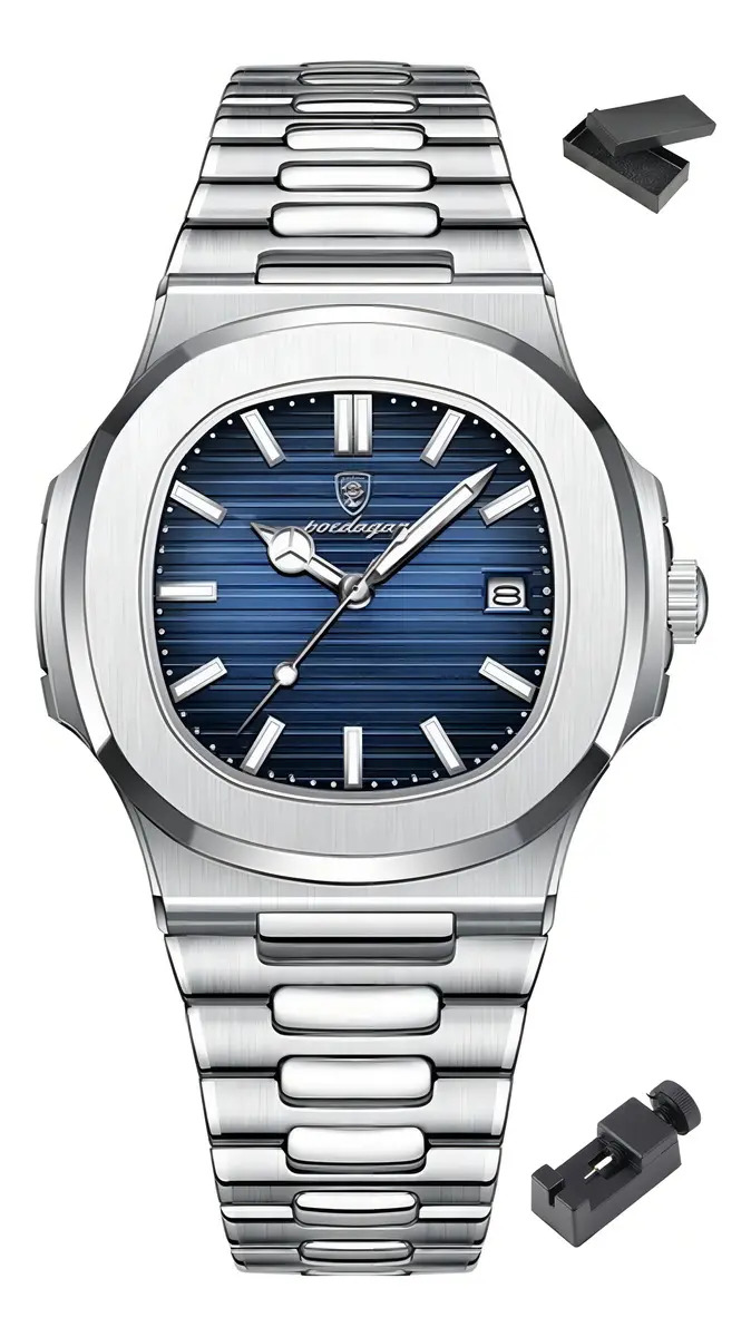 Poedagar Relógio Masculino Old Money Cor Da Correia Prateado Bisel Azul Fundo Azul