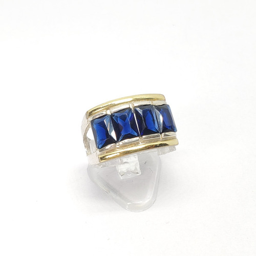 Imagen 1 de 9 de Anillo Plata Y Oro Piedra 4 Baguette Azul