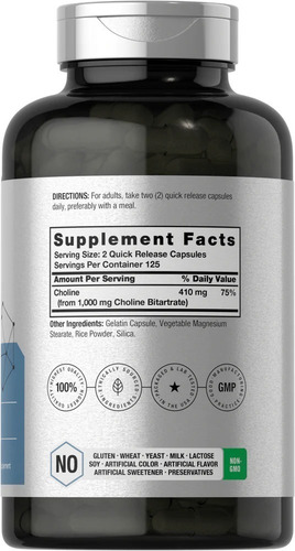 Imagen 2 de 2 de Choline Birtrate 1000 Mg 250 Cápsulas Colina