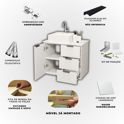 Gabinete Mdf Armário De Banheiro 60cm Com Tampo/cuba Esquerd
