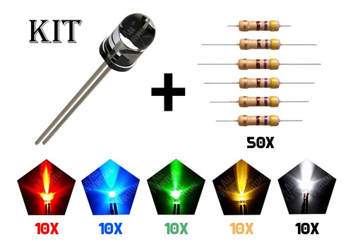 Imagem 2 de 5 de 50 Un. Kit Led 5mm Alto Brilho - Kit Várias Cores+ Resistor