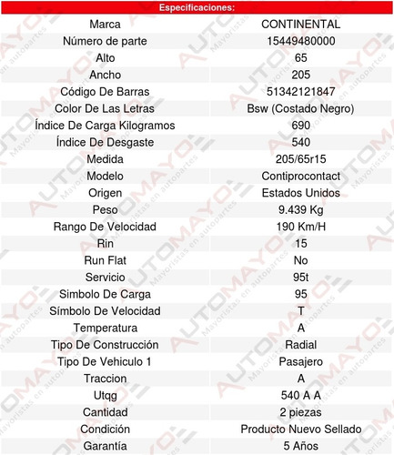 Pack 2 Llantas 205/65r15 95t Continental Contiprocontact