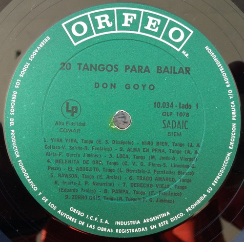 Don Goyo - 20 Tangos Para Bailar Lp (Usado)