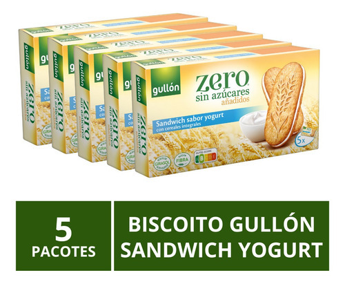 Biscoito Gullón Sem Açúcar, Sandwich Yogurt, 5 Pacotes