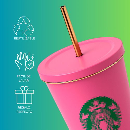 Vaso Liso De Metal De 600 Ml Con Tapa Y Popote Color Fucsia (clicuc)