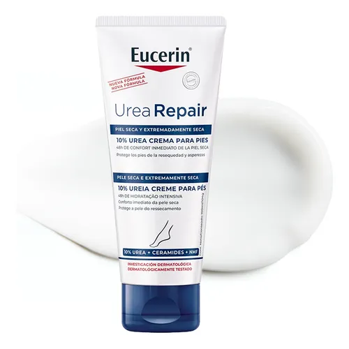 Eucerin Creme Hidratante Para Pés Urea Repair Plus 100ml, embalagem branca com rótulo verde