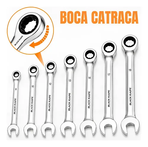 Jogo de Chaves Combinadas Com Catraca Black Raipe em Aço Cromo Vanádio 7 Peças B