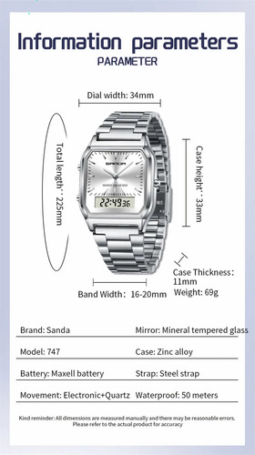 Reloj Digital Led De Doble Pantalla Sanda 747 De Acero Inoxi