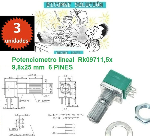 Potenciometro Lineal  Rk097 20k 11,5x 9,8x25mm  6 Pin X 3