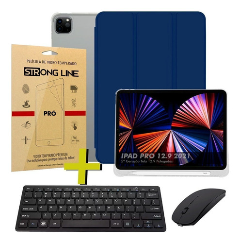 Capa Para iPad Pro 12.9 5ª Geração + Teclado Mouse +pelicula Cor Azul-marinho