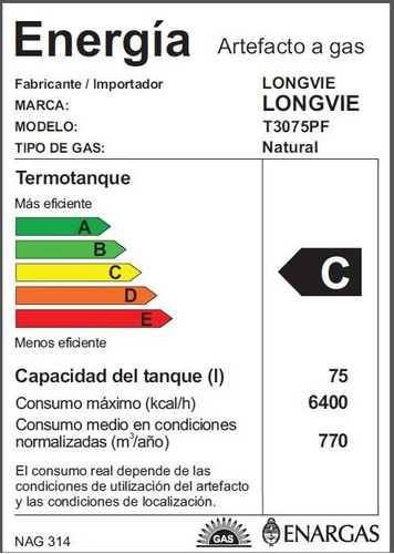 Imagen 6 de 6 de Termotanque A Gas Longvie 75 Litros De Pie T3075pf