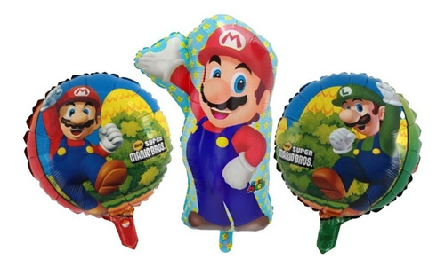 Pack 3 Globos Metalizados Super Mario Bros Para Aire O Helio