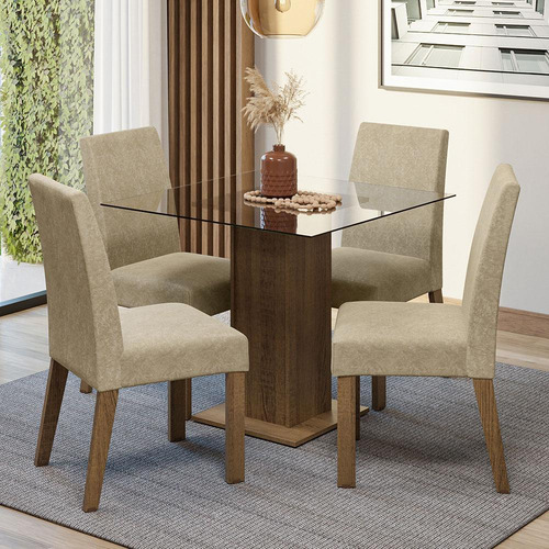 Madesa Comedor Mesa Cristal 4 Sillas Hiedra Rústico Imperial Color Crema/Marrón