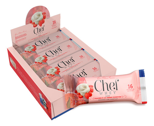 Caixa com 12 Barras de Proteína Premium Display Chef Whey Morango com Chantilly