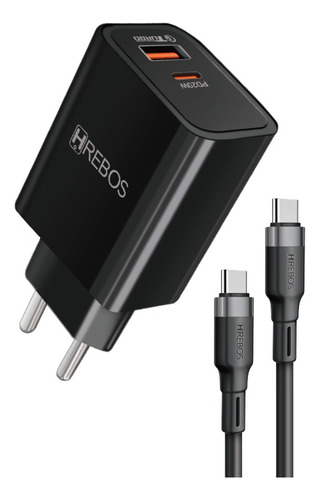 Carregador Power Turbo 38w Usb + Usb-c Com Cabo Dual Tipo C Cor Preto