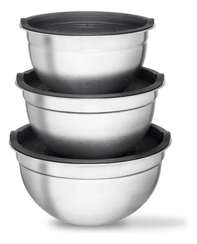 Conjunto de Bowls Tigela Inox com Tampa Plástica Bumper Cinza