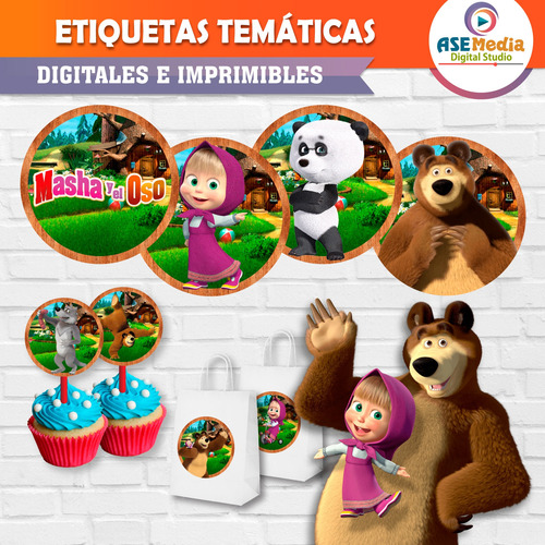 Etiquetas Imprimibles Cualquier Temática Cupcakes Adhesivas Masha Y El Oso
