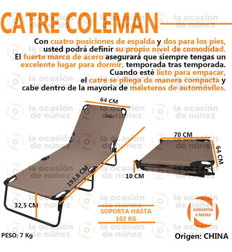 Catre Coleman Reposera 4 Posiciones Acero Cama Reclinable