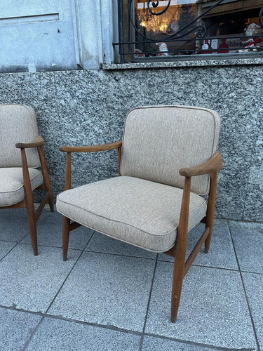 Sillones Escandinavos Nórdicos Antiguos Madera Natural Par Marrón Claro Lino (Usado)