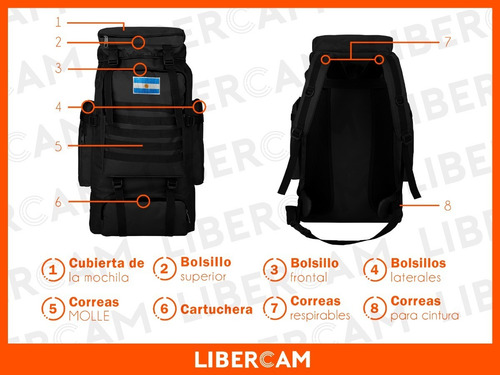 Imagen 3 de 6 de Mochila Camping Tactica Militar Viaje Mochilero Trekking Color Negro
