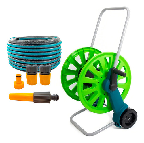 Kit Carro Con Manguera Riego Mallada 25mt 1/2 2112 Aquaflex Color Azul